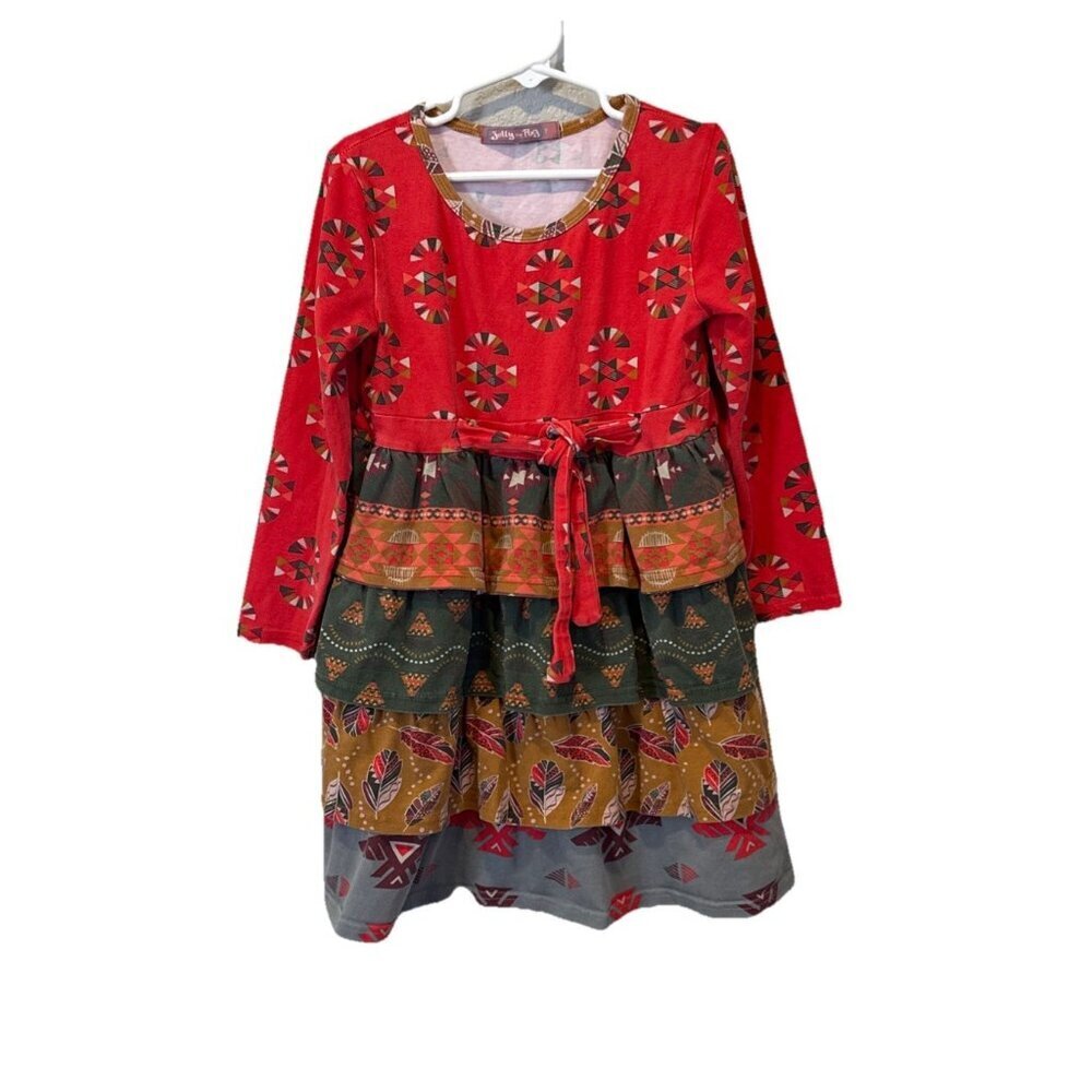 Jelly The Pug Girl’s Dress Size 7 Feathers Long Sleeve Tribal Ruffles Fall